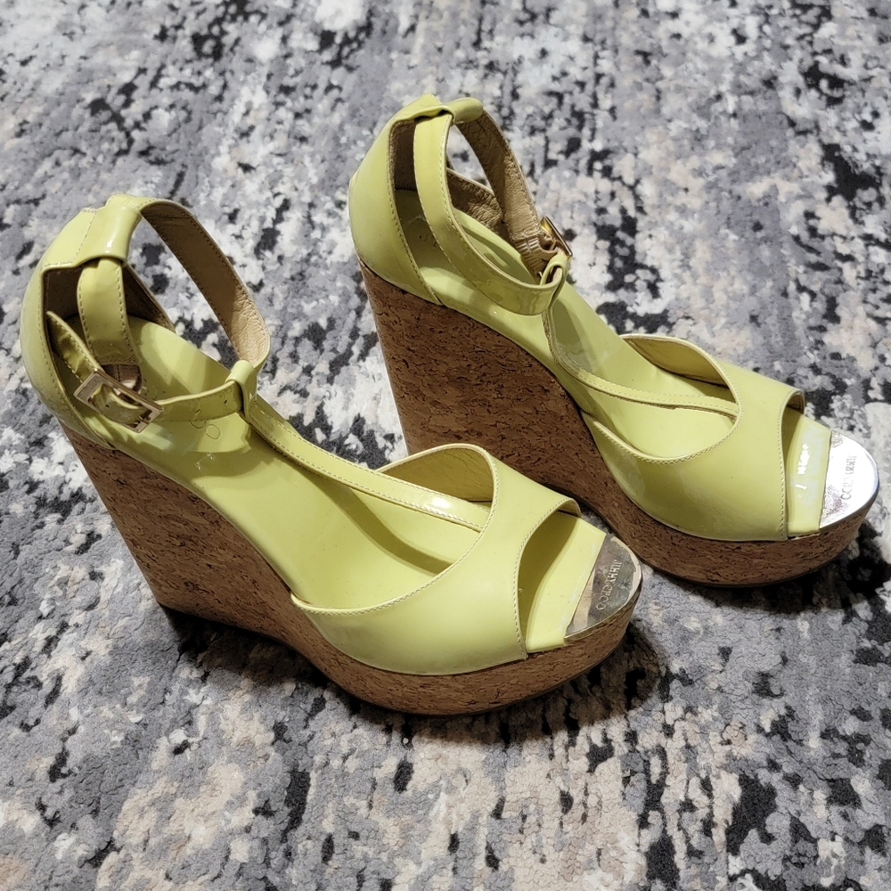 Jimmy Choo Lime Green Patent Leather Pania Cork Wedge Sandals (Size 7.5)